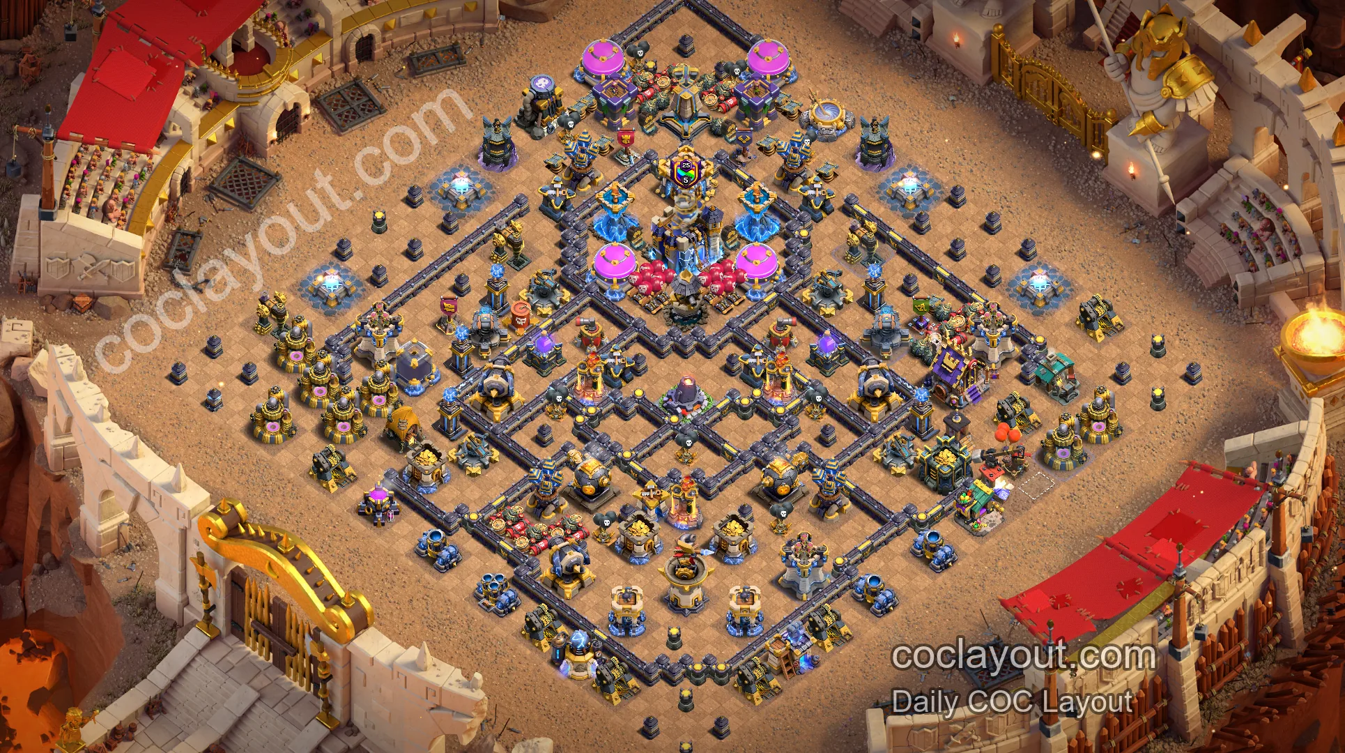 TH18 War Base: Offset Town Hall Core Defense with Double Rage Towers ...